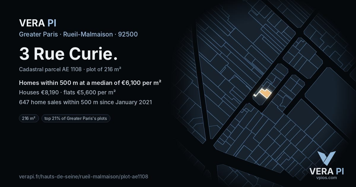 3 Rue Curie, Rueil-Malmaison at night – the plot lit, the parcels around coloured by the prices near them