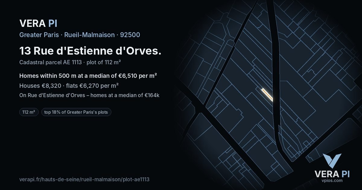 13 Rue d'Estienne d'Orves, Rueil-Malmaison at night – the plot lit, the parcels around coloured by the prices near them