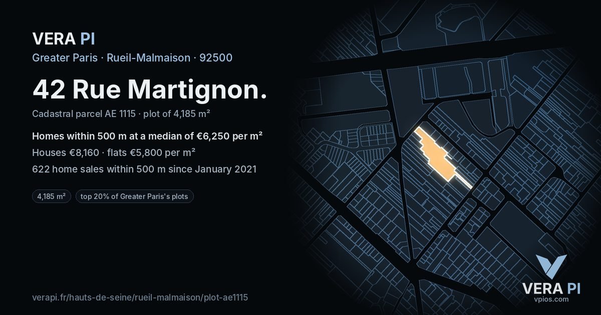 42 Rue Martignon, Rueil-Malmaison at night – the plot lit, the parcels around coloured by the prices near them