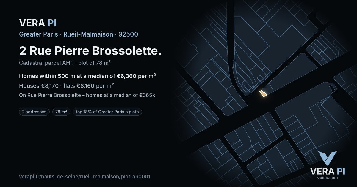 2 Rue Pierre Brossolette, Rueil-Malmaison at night – the plot lit, the parcels around coloured by the prices near them
