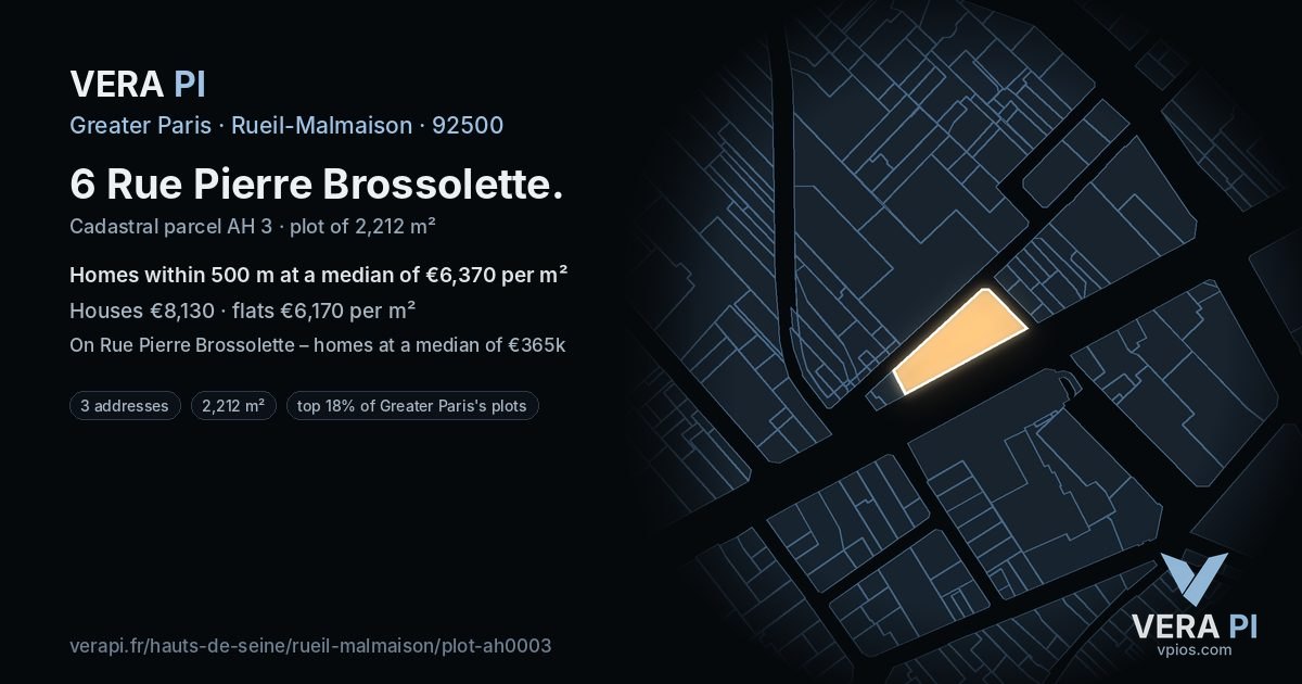 6 Rue Pierre Brossolette, Rueil-Malmaison at night – the plot lit, the parcels around coloured by the prices near them