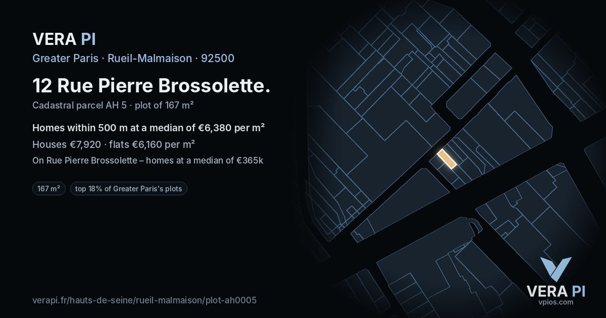 12 Rue Pierre Brossolette, Rueil-Malmaison at night – the plot lit, the parcels around coloured by the prices near them