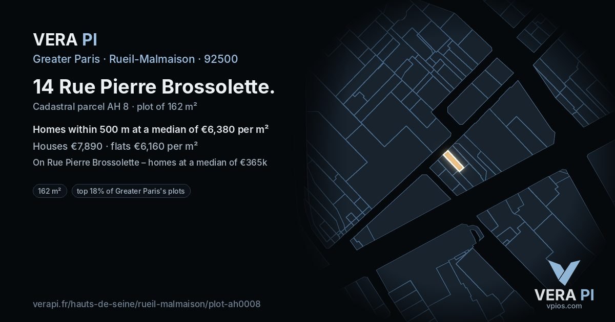 14 Rue Pierre Brossolette, Rueil-Malmaison at night – the plot lit, the parcels around coloured by the prices near them