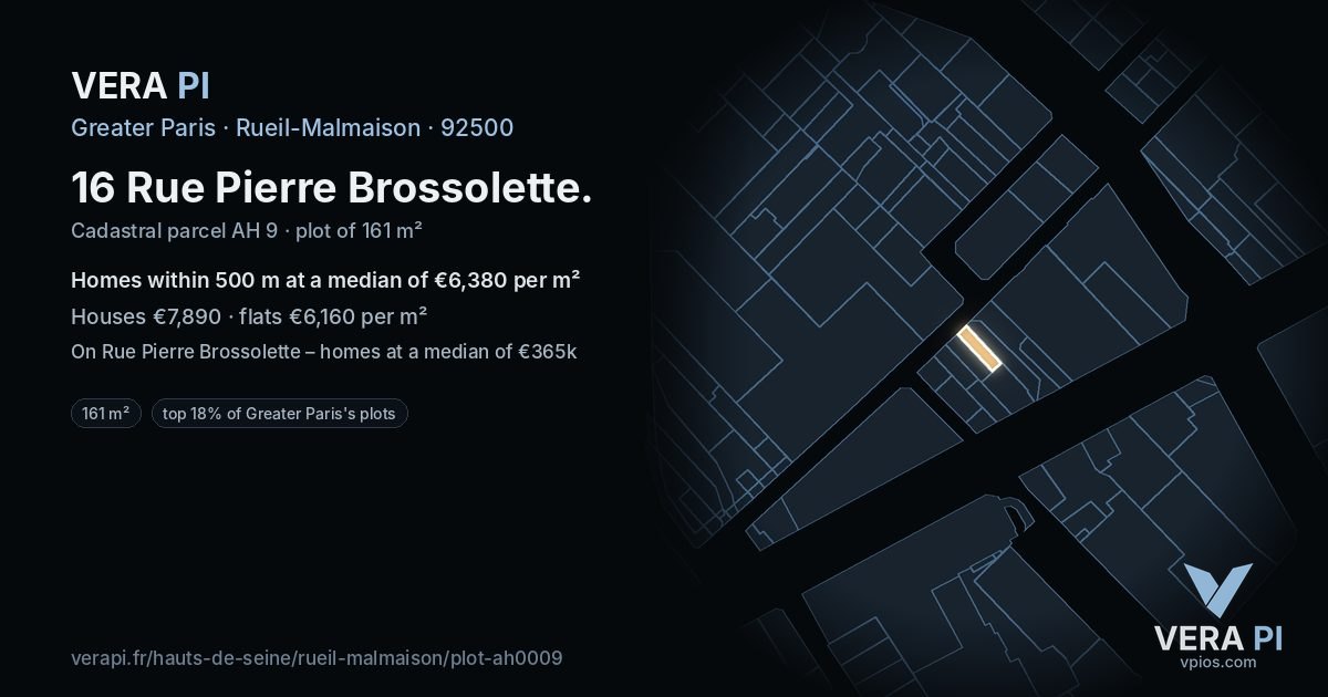 16 Rue Pierre Brossolette, Rueil-Malmaison at night – the plot lit, the parcels around coloured by the prices near them