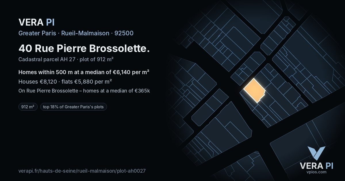 40 Rue Pierre Brossolette, Rueil-Malmaison at night – the plot lit, the parcels around coloured by the prices near them
