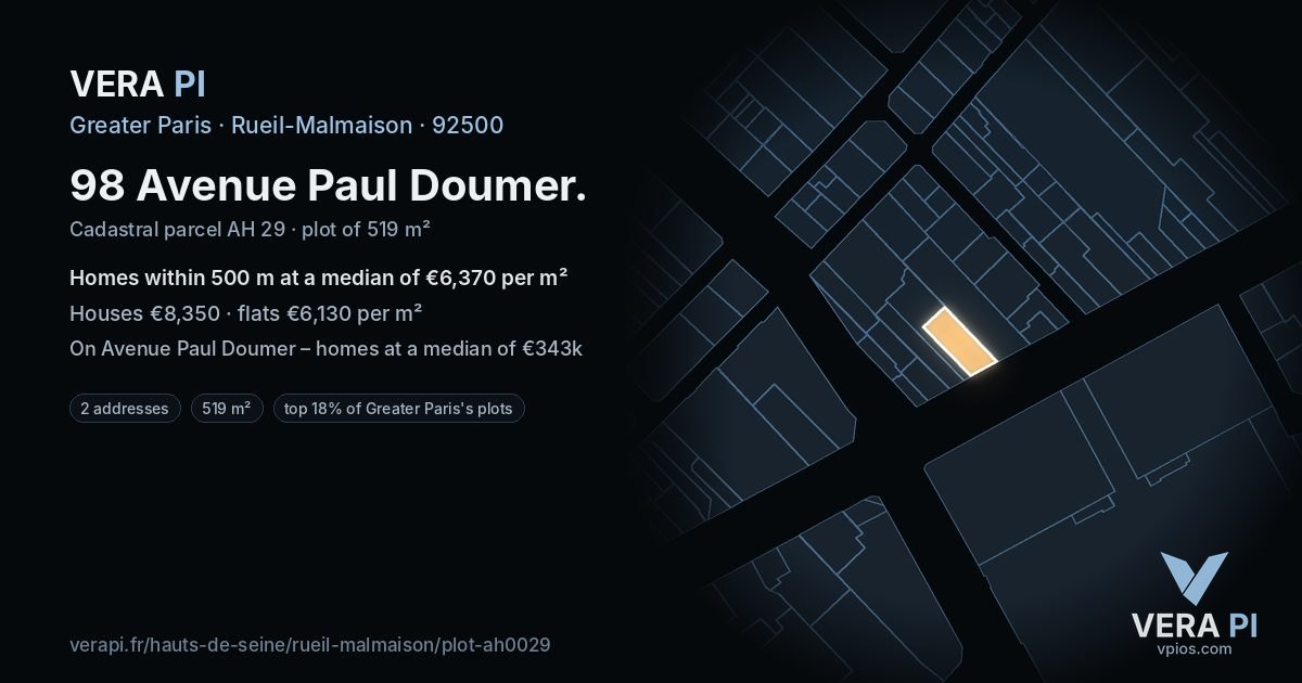 98 Avenue Paul Doumer, Rueil-Malmaison at night – the plot lit, the parcels around coloured by the prices near them