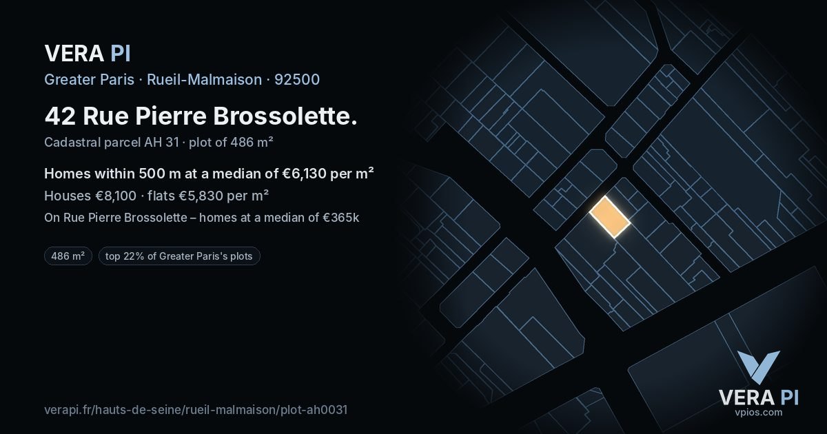 42 Rue Pierre Brossolette, Rueil-Malmaison at night – the plot lit, the parcels around coloured by the prices near them