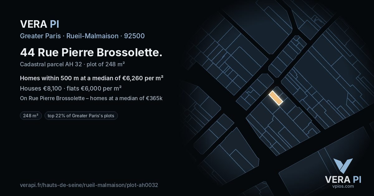 44 Rue Pierre Brossolette, Rueil-Malmaison at night – the plot lit, the parcels around coloured by the prices near them