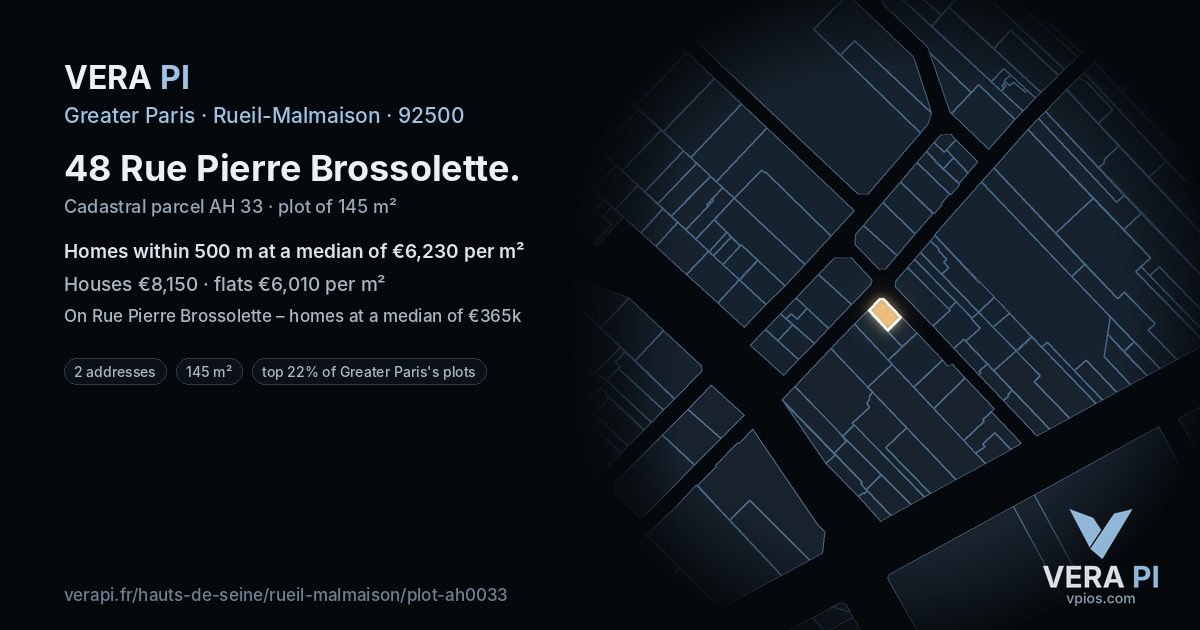 48 Rue Pierre Brossolette, Rueil-Malmaison at night – the plot lit, the parcels around coloured by the prices near them