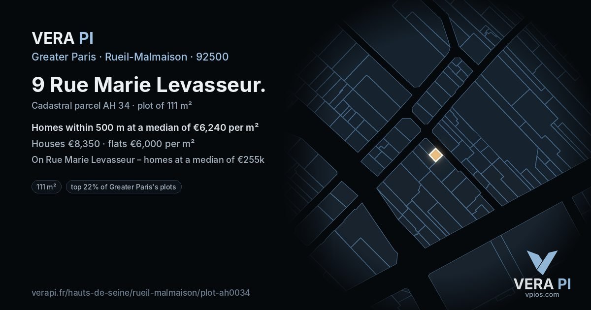 9 Rue Marie Levasseur, Rueil-Malmaison at night – the plot lit, the parcels around coloured by the prices near them