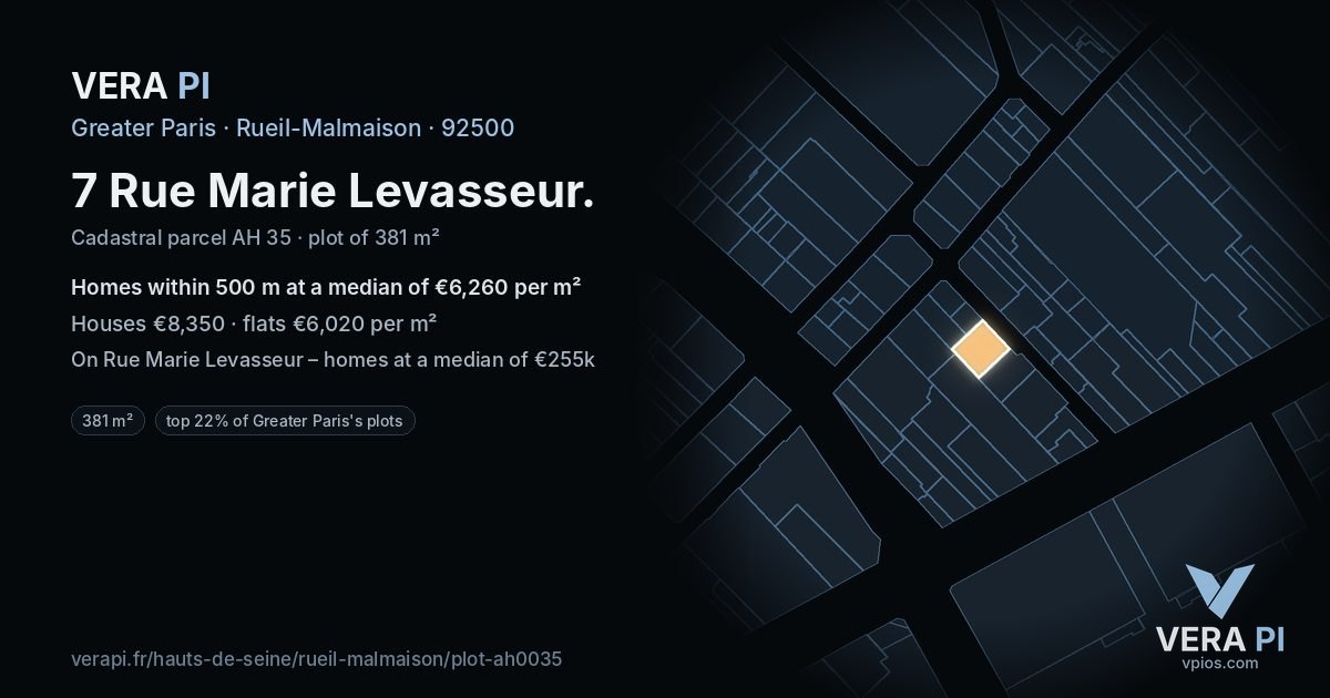 7 Rue Marie Levasseur, Rueil-Malmaison at night – the plot lit, the parcels around coloured by the prices near them