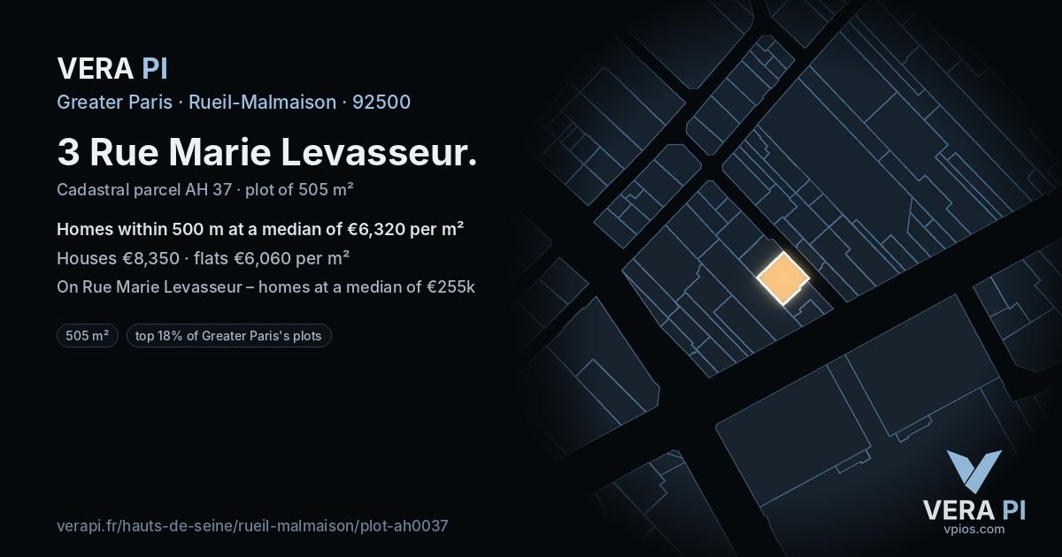 3 Rue Marie Levasseur, Rueil-Malmaison at night – the plot lit, the parcels around coloured by the prices near them