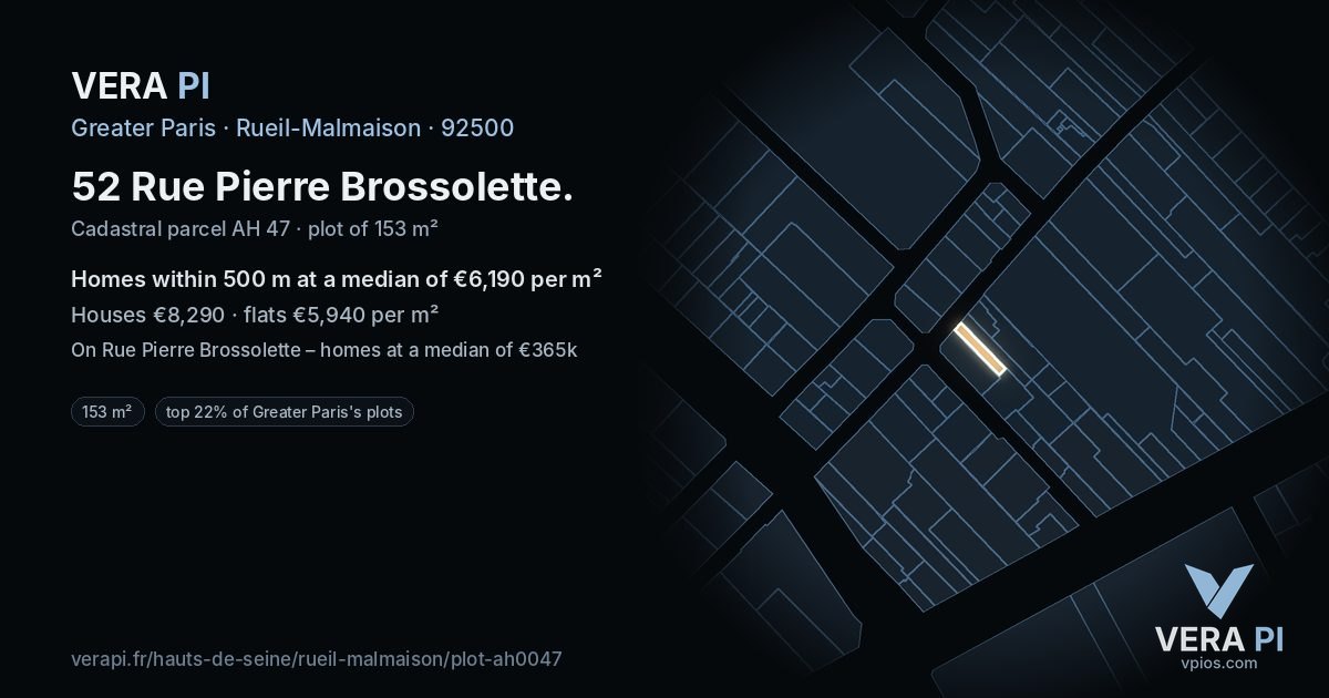 52 Rue Pierre Brossolette, Rueil-Malmaison at night – the plot lit, the parcels around coloured by the prices near them