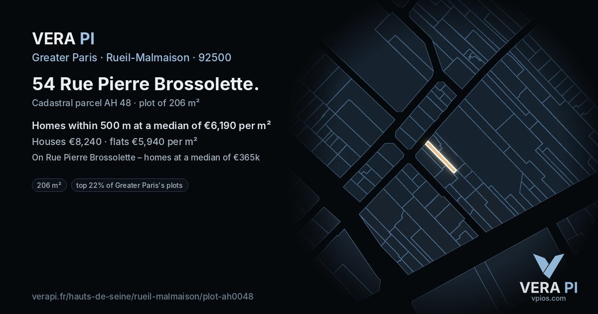 54 Rue Pierre Brossolette, Rueil-Malmaison at night – the plot lit, the parcels around coloured by the prices near them