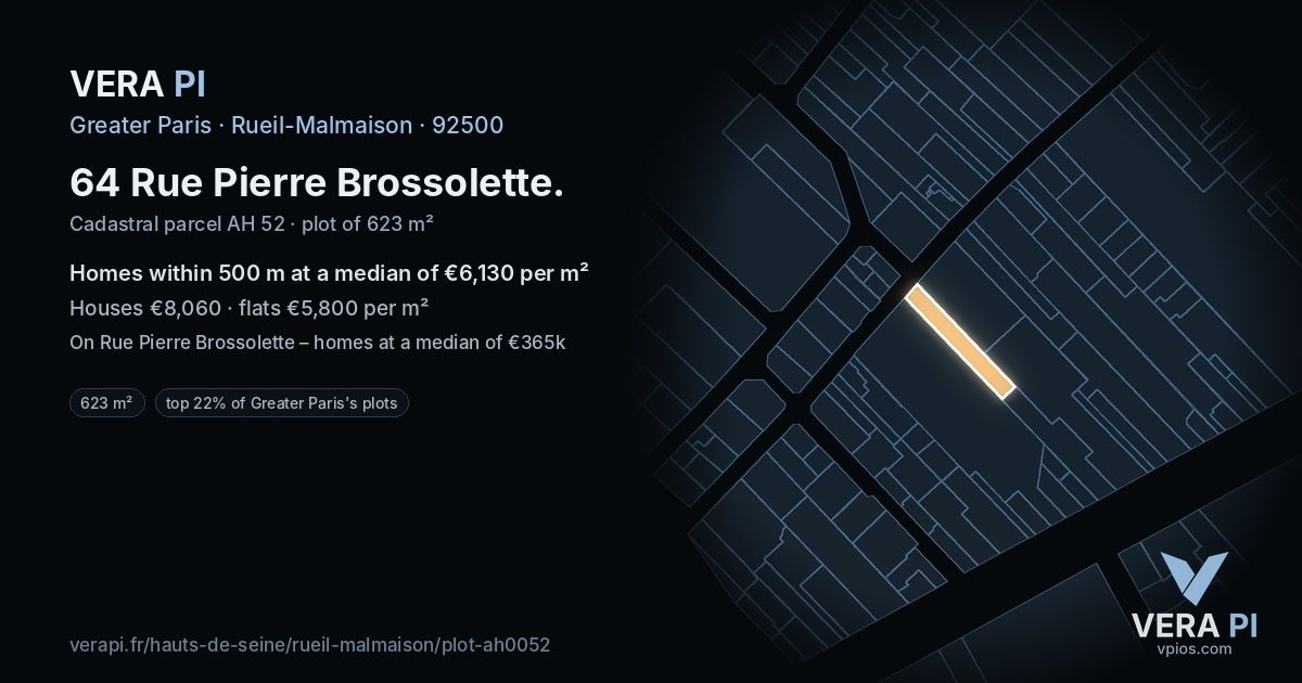 64 Rue Pierre Brossolette, Rueil-Malmaison at night – the plot lit, the parcels around coloured by the prices near them