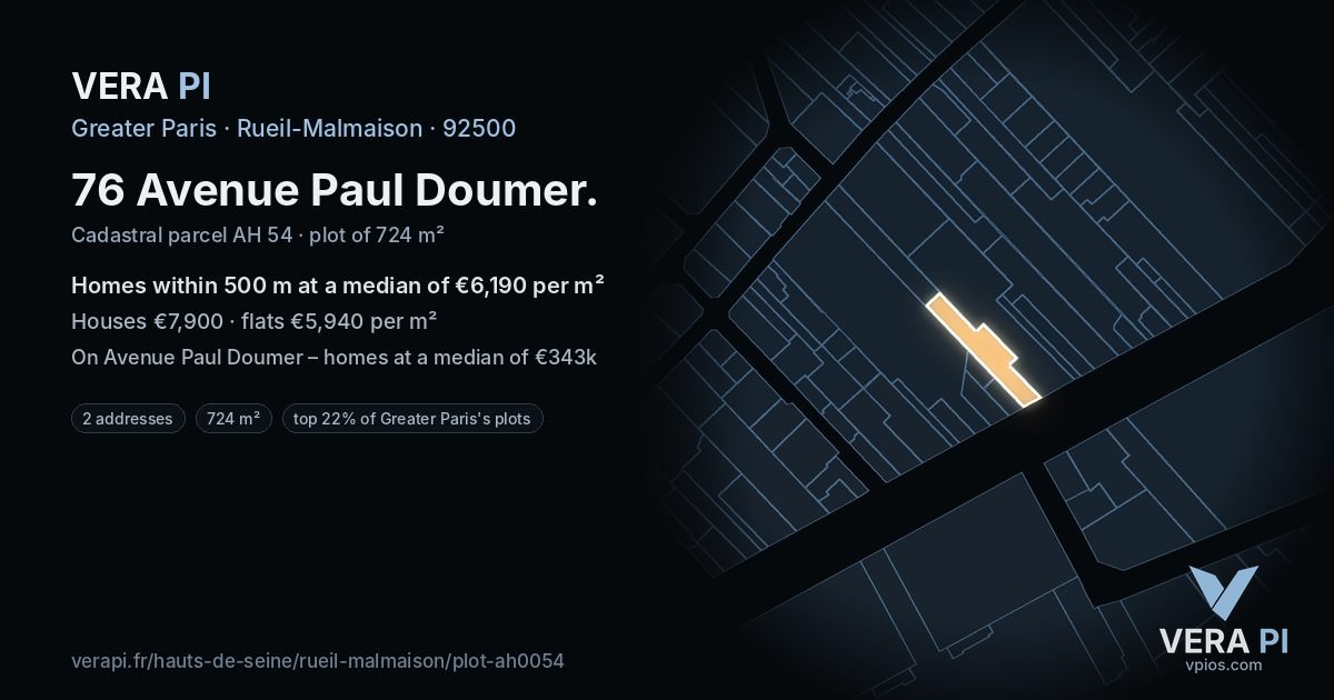 76 Avenue Paul Doumer, Rueil-Malmaison at night – the plot lit, the parcels around coloured by the prices near them