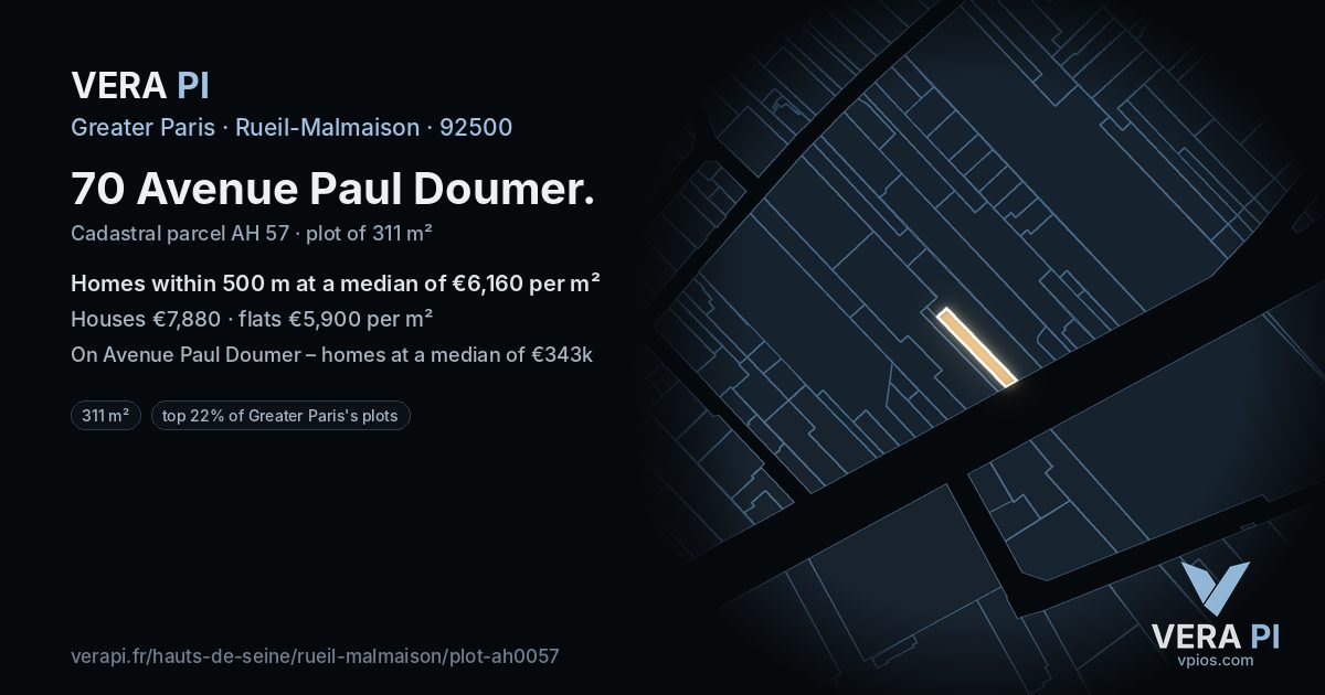 70 Avenue Paul Doumer, Rueil-Malmaison at night – the plot lit, the parcels around coloured by the prices near them