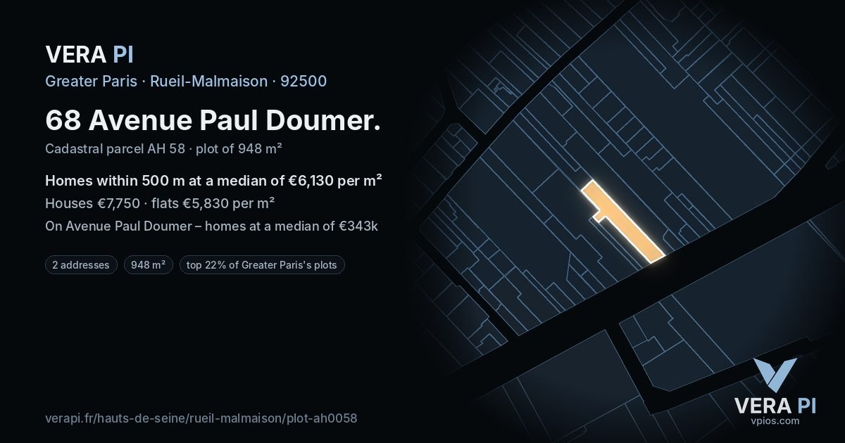 68 Avenue Paul Doumer, Rueil-Malmaison at night – the plot lit, the parcels around coloured by the prices near them