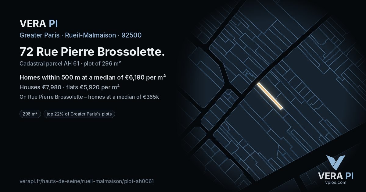 72 Rue Pierre Brossolette, Rueil-Malmaison at night – the plot lit, the parcels around coloured by the prices near them