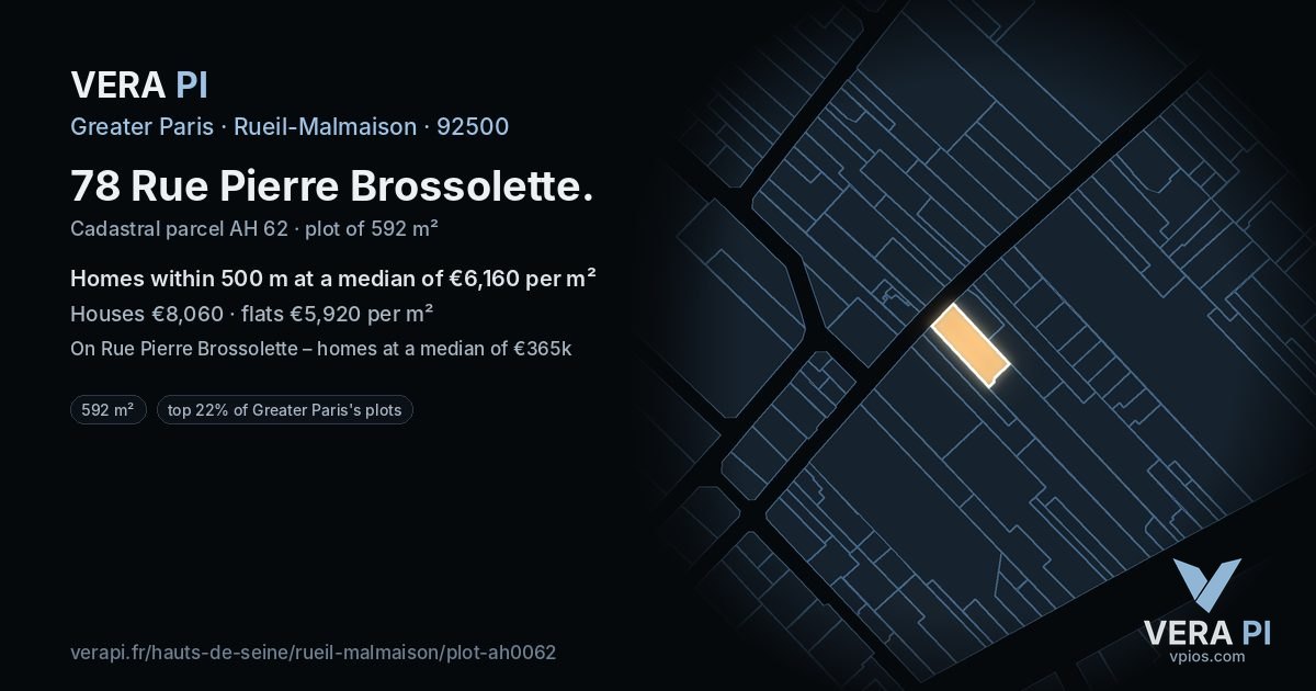 78 Rue Pierre Brossolette, Rueil-Malmaison at night – the plot lit, the parcels around coloured by the prices near them