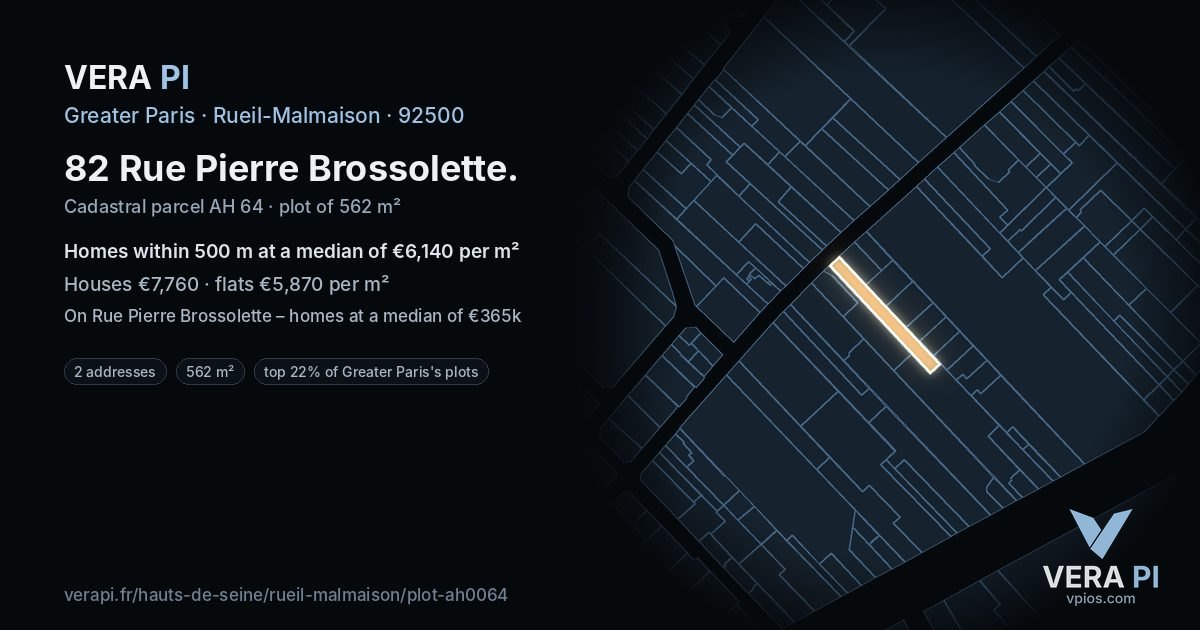 82 Rue Pierre Brossolette, Rueil-Malmaison at night – the plot lit, the parcels around coloured by the prices near them