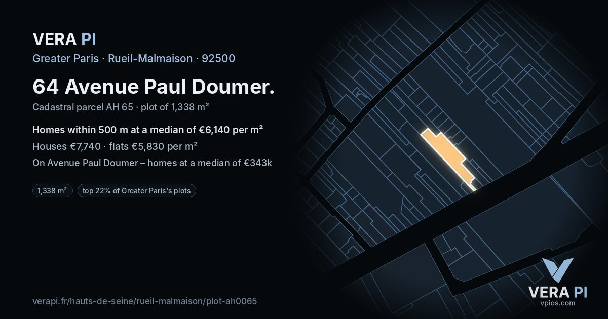 64 Avenue Paul Doumer, Rueil-Malmaison at night – the plot lit, the parcels around coloured by the prices near them