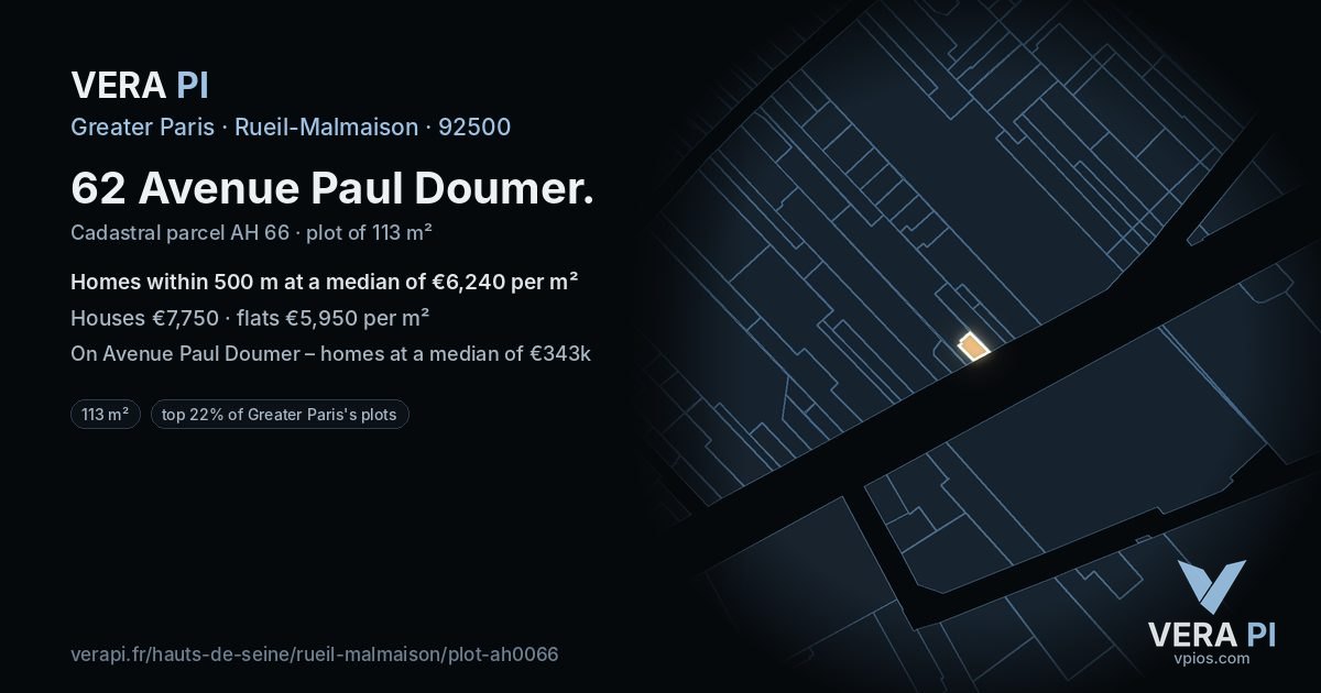 62 Avenue Paul Doumer, Rueil-Malmaison at night – the plot lit, the parcels around coloured by the prices near them