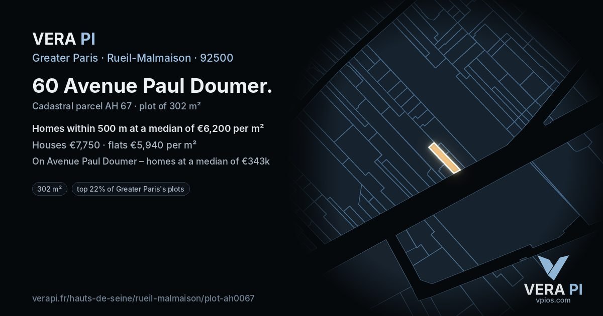 60 Avenue Paul Doumer, Rueil-Malmaison at night – the plot lit, the parcels around coloured by the prices near them