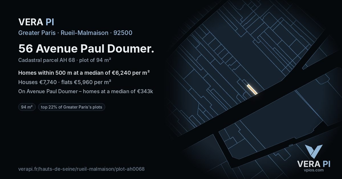 56 Avenue Paul Doumer, Rueil-Malmaison at night – the plot lit, the parcels around coloured by the prices near them