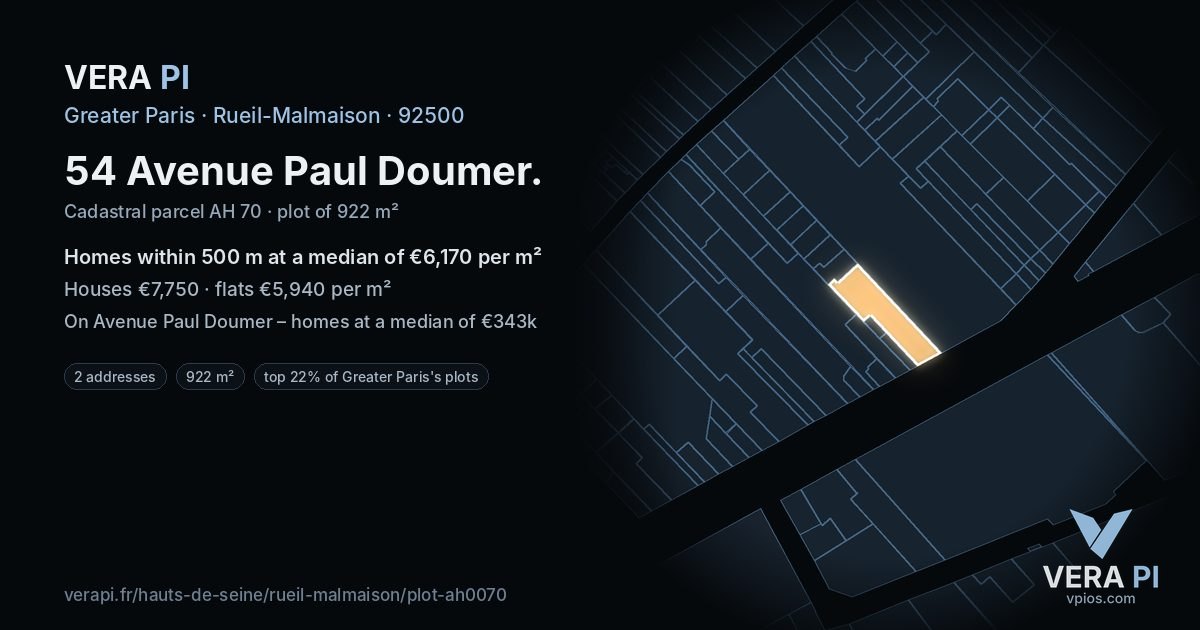 54 Avenue Paul Doumer, Rueil-Malmaison at night – the plot lit, the parcels around coloured by the prices near them