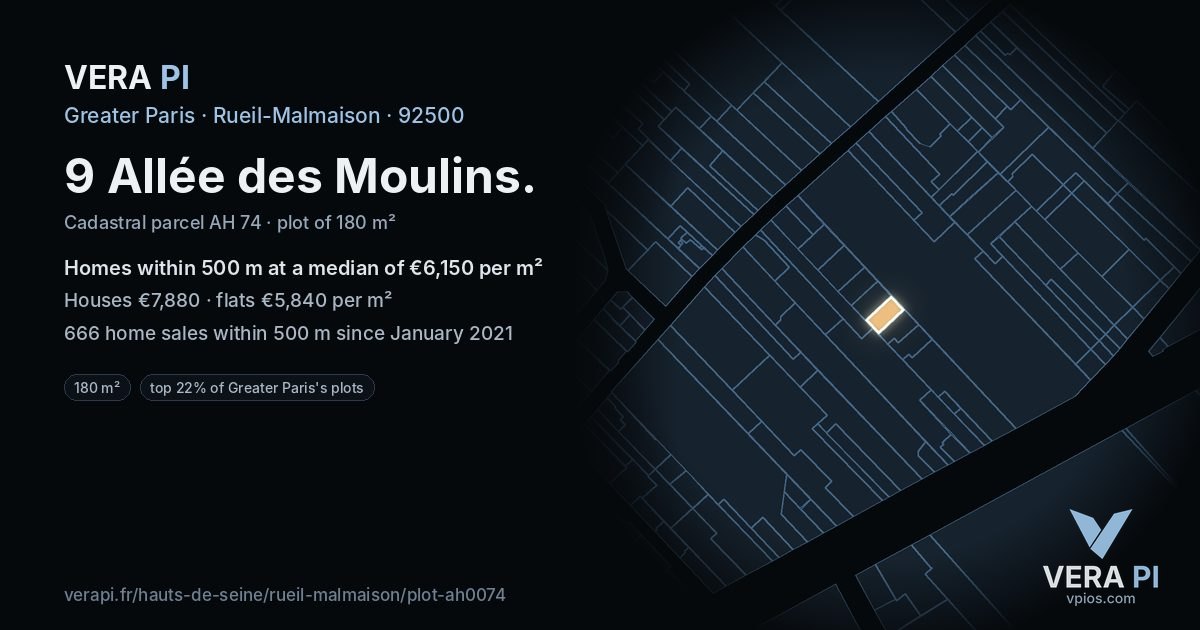 9 Allée des Moulins, Rueil-Malmaison at night – the plot lit, the parcels around coloured by the prices near them