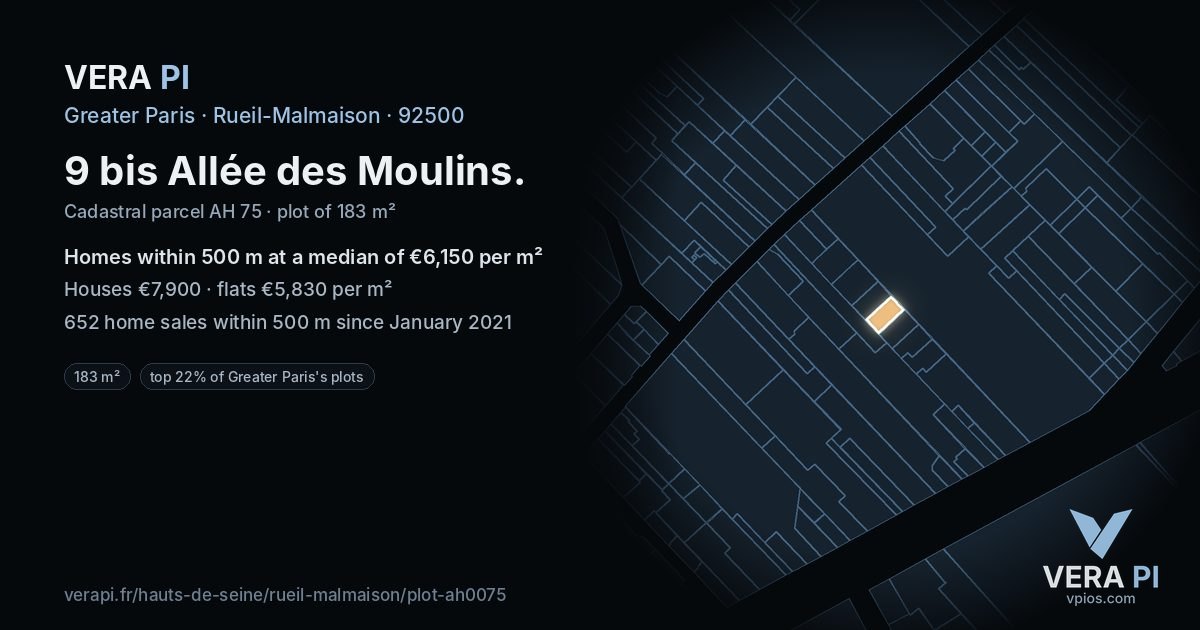 9 bis Allée des Moulins, Rueil-Malmaison at night – the plot lit, the parcels around coloured by the prices near them