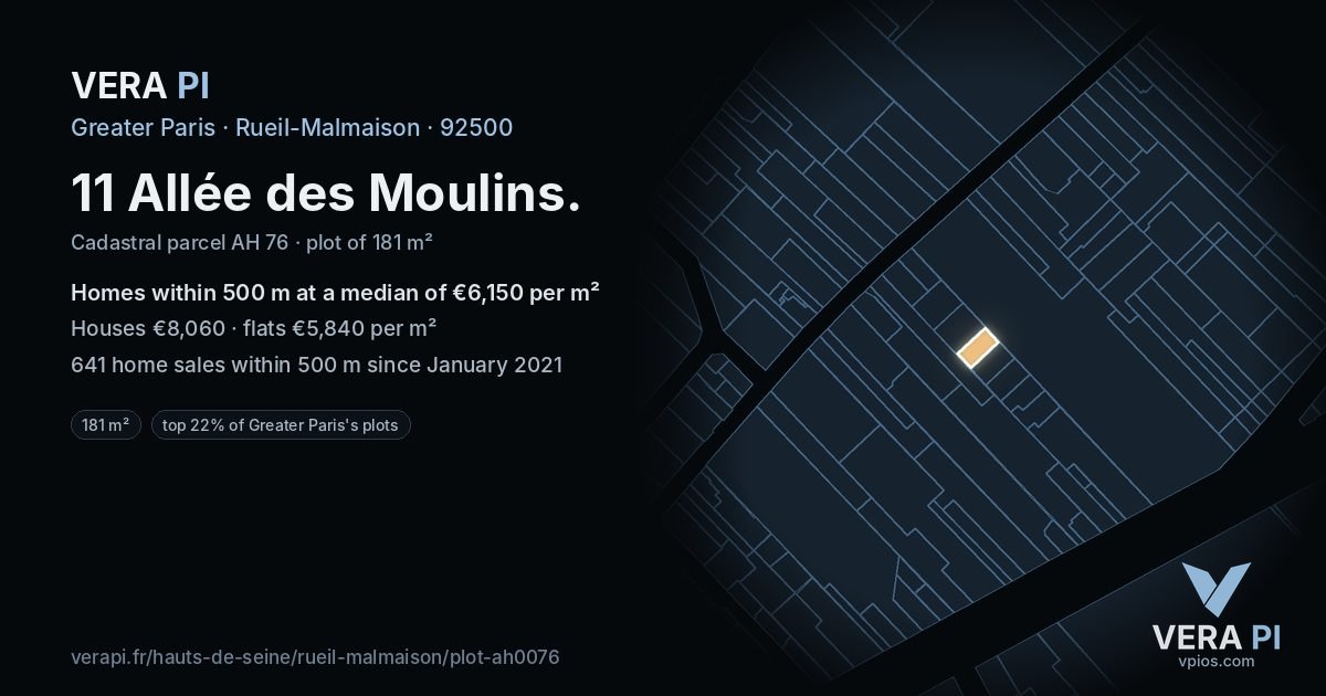 11 Allée des Moulins, Rueil-Malmaison at night – the plot lit, the parcels around coloured by the prices near them