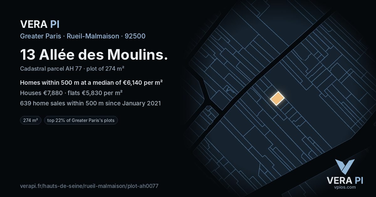 13 Allée des Moulins, Rueil-Malmaison at night – the plot lit, the parcels around coloured by the prices near them