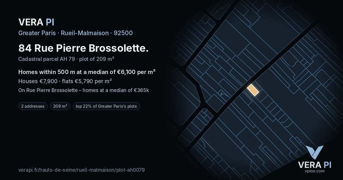 84 Rue Pierre Brossolette, Rueil-Malmaison at night – the plot lit, the parcels around coloured by the prices near them