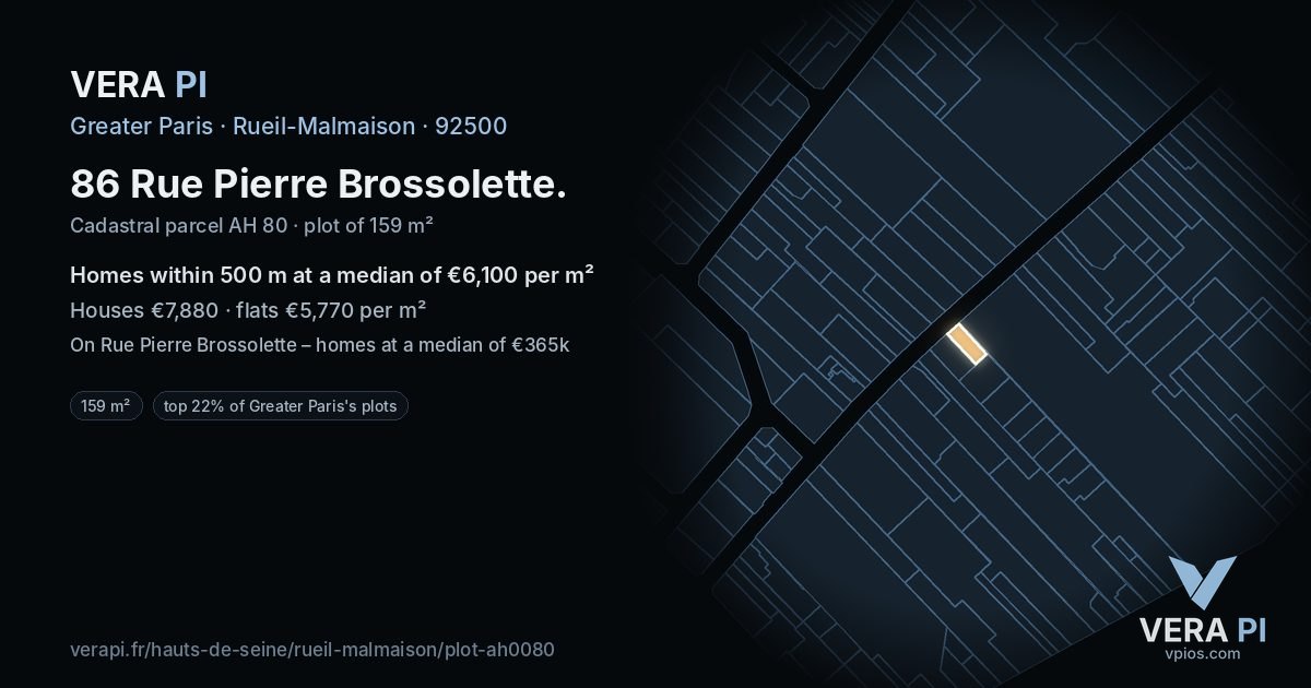 86 Rue Pierre Brossolette, Rueil-Malmaison at night – the plot lit, the parcels around coloured by the prices near them