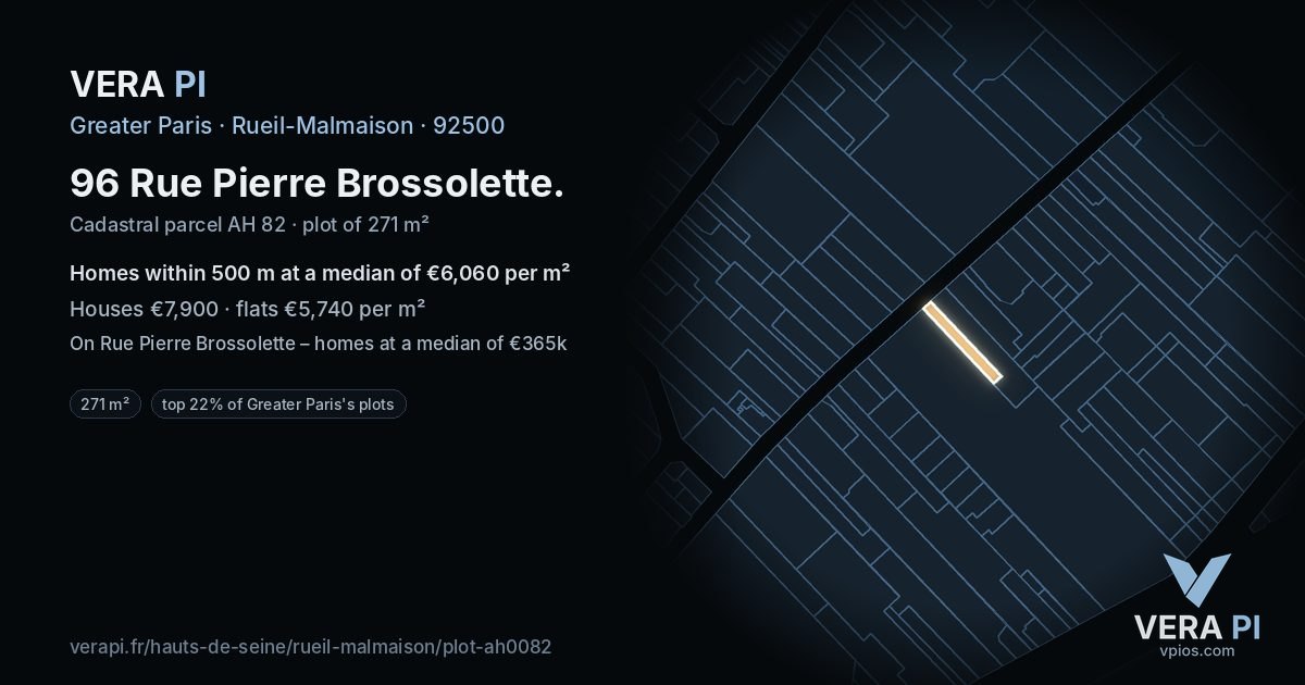 96 Rue Pierre Brossolette, Rueil-Malmaison at night – the plot lit, the parcels around coloured by the prices near them