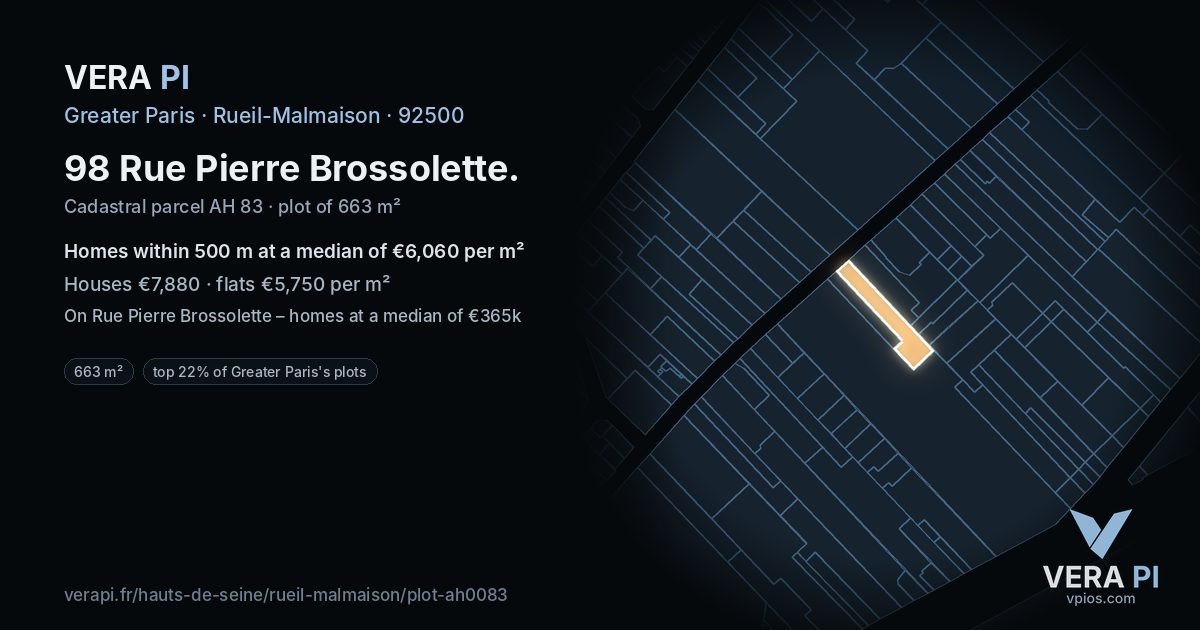 98 Rue Pierre Brossolette, Rueil-Malmaison at night – the plot lit, the parcels around coloured by the prices near them