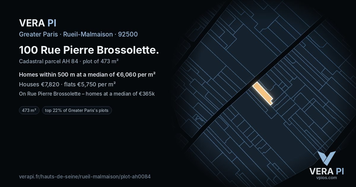 100 Rue Pierre Brossolette, Rueil-Malmaison at night – the plot lit, the parcels around coloured by the prices near them