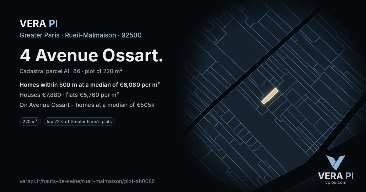 4 Avenue Ossart, Rueil-Malmaison at night – the plot lit, the parcels around coloured by the prices near them
