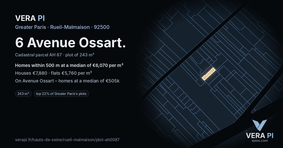 6 Avenue Ossart, Rueil-Malmaison at night – the plot lit, the parcels around coloured by the prices near them