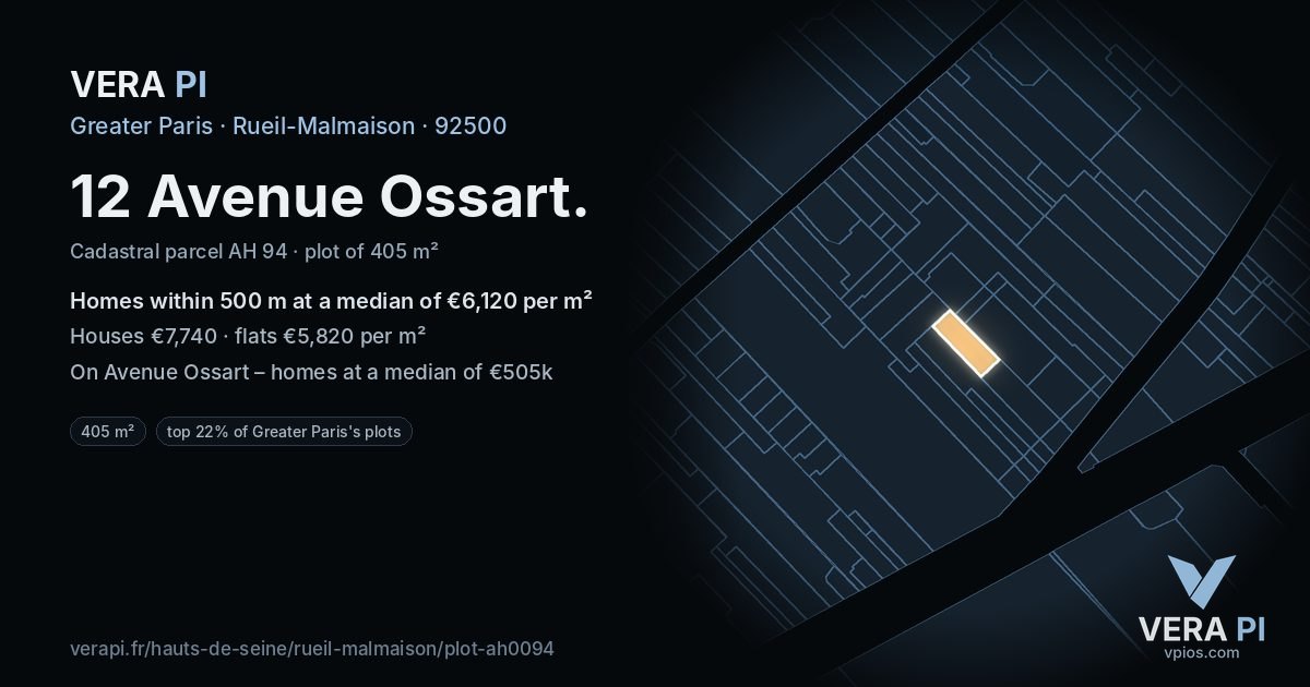 12 Avenue Ossart, Rueil-Malmaison at night – the plot lit, the parcels around coloured by the prices near them