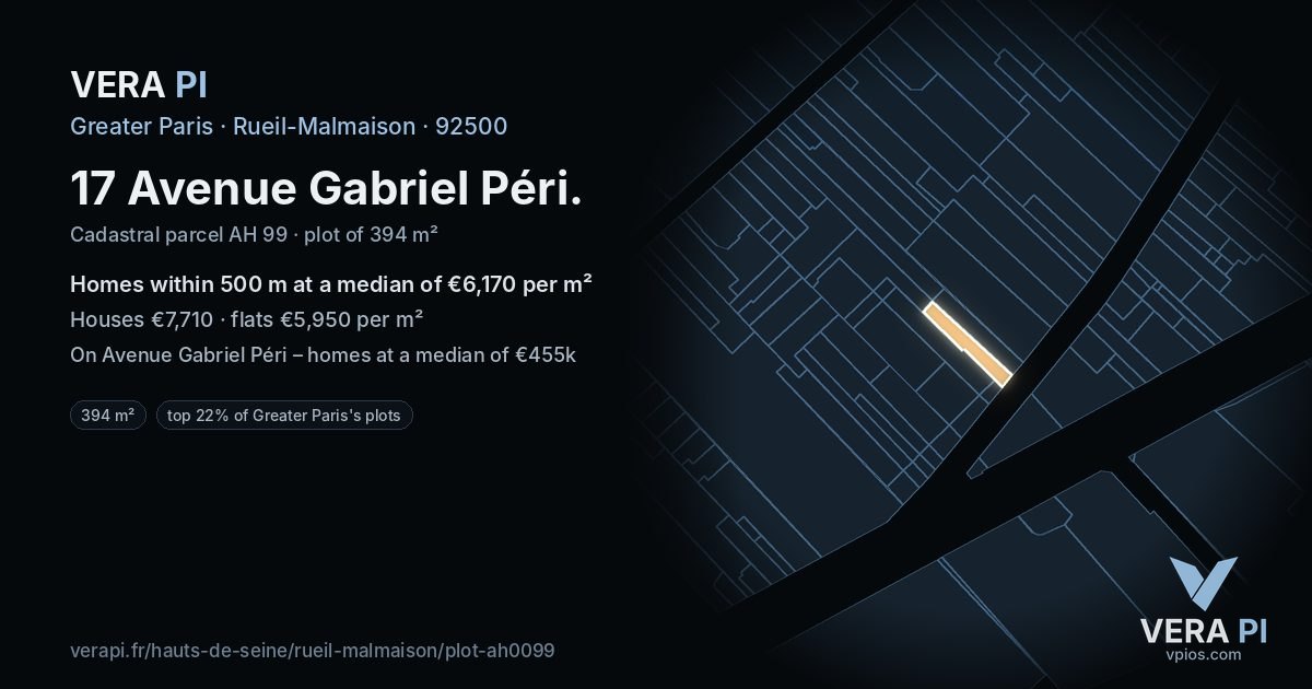 17 Avenue Gabriel Péri, Rueil-Malmaison at night – the plot lit, the parcels around coloured by the prices near them
