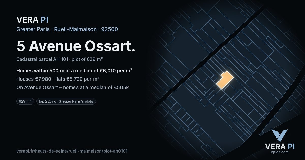 5 Avenue Ossart, Rueil-Malmaison at night – the plot lit, the parcels around coloured by the prices near them