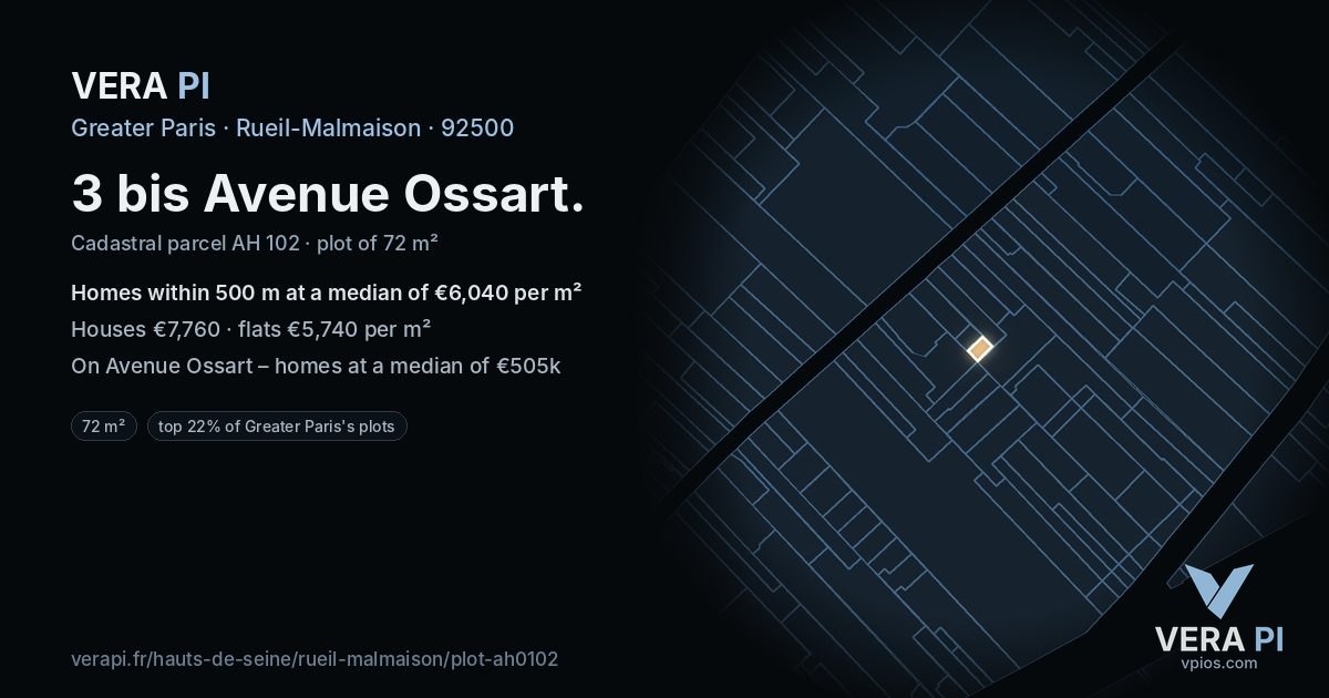 3 bis Avenue Ossart, Rueil-Malmaison at night – the plot lit, the parcels around coloured by the prices near them