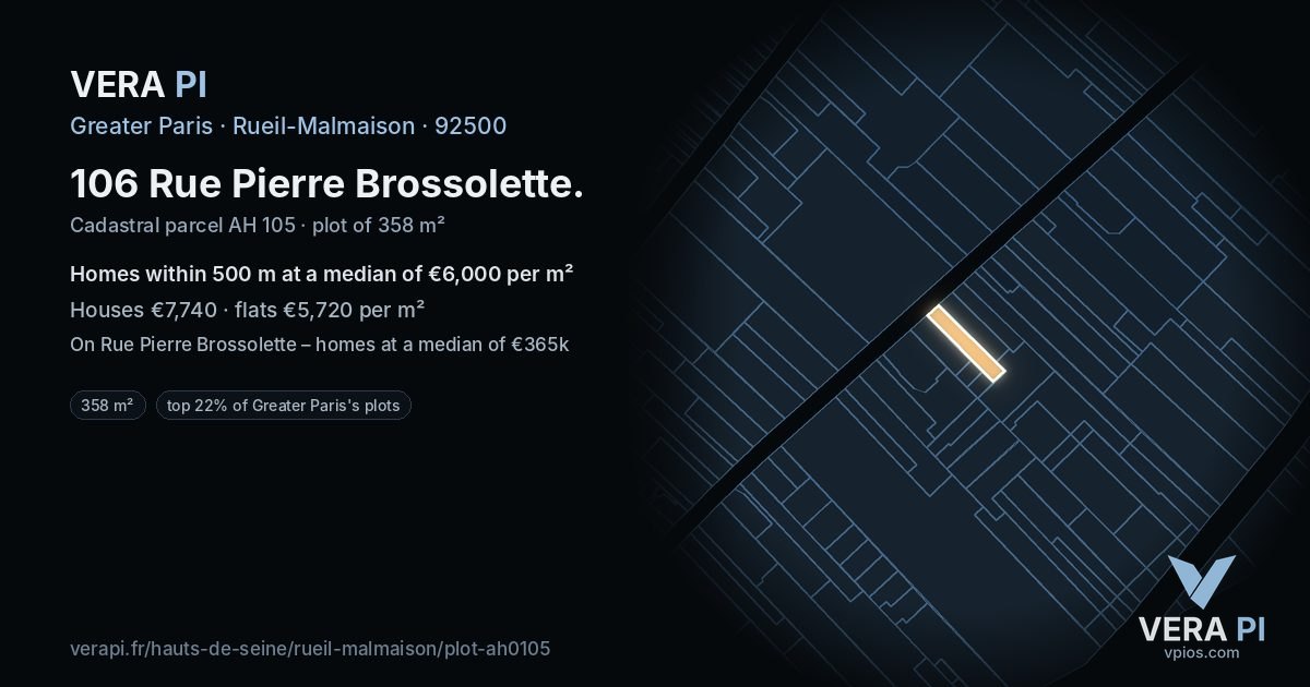 106 Rue Pierre Brossolette, Rueil-Malmaison at night – the plot lit, the parcels around coloured by the prices near them