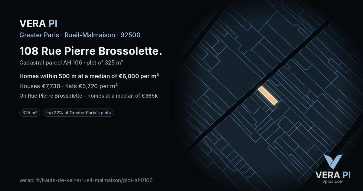 108 Rue Pierre Brossolette, Rueil-Malmaison at night – the plot lit, the parcels around coloured by the prices near them