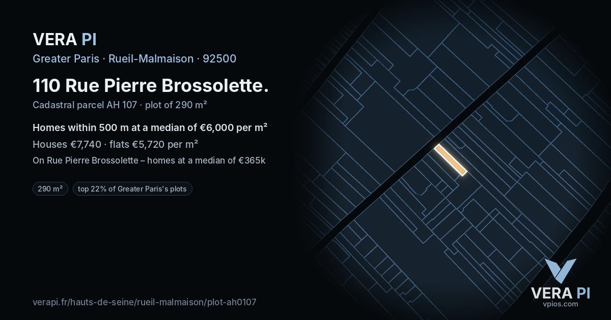 110 Rue Pierre Brossolette, Rueil-Malmaison at night – the plot lit, the parcels around coloured by the prices near them