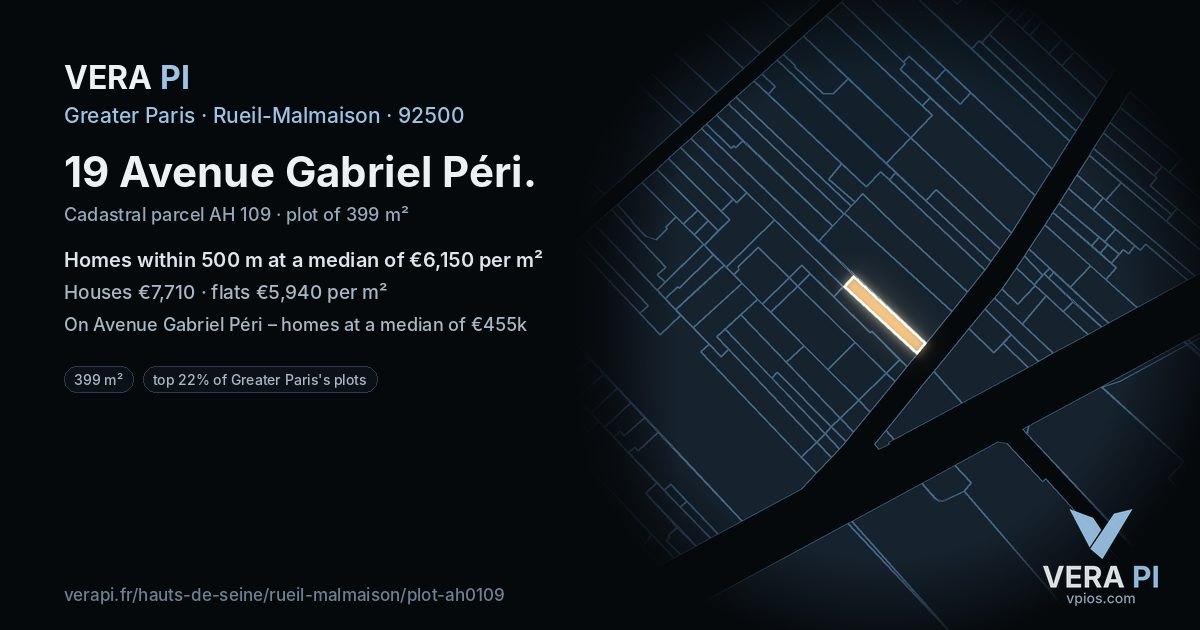 19 Avenue Gabriel Péri, Rueil-Malmaison at night – the plot lit, the parcels around coloured by the prices near them