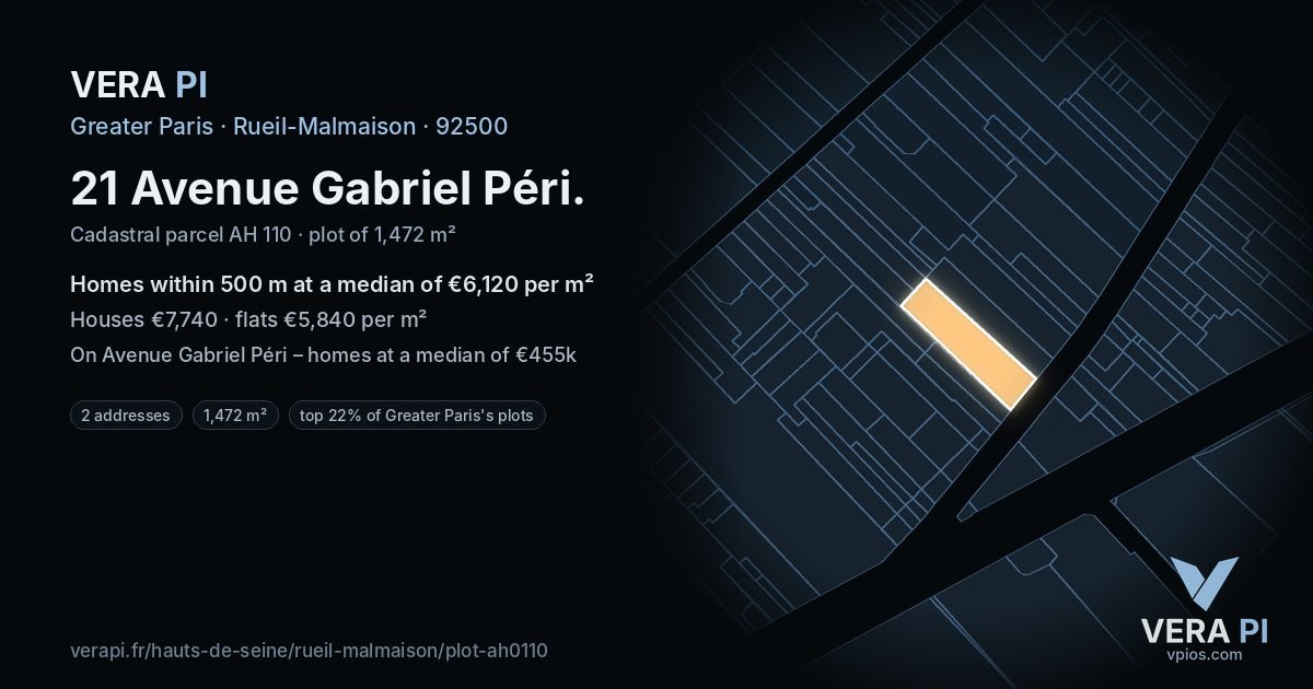 21 Avenue Gabriel Péri, Rueil-Malmaison at night – the plot lit, the parcels around coloured by the prices near them